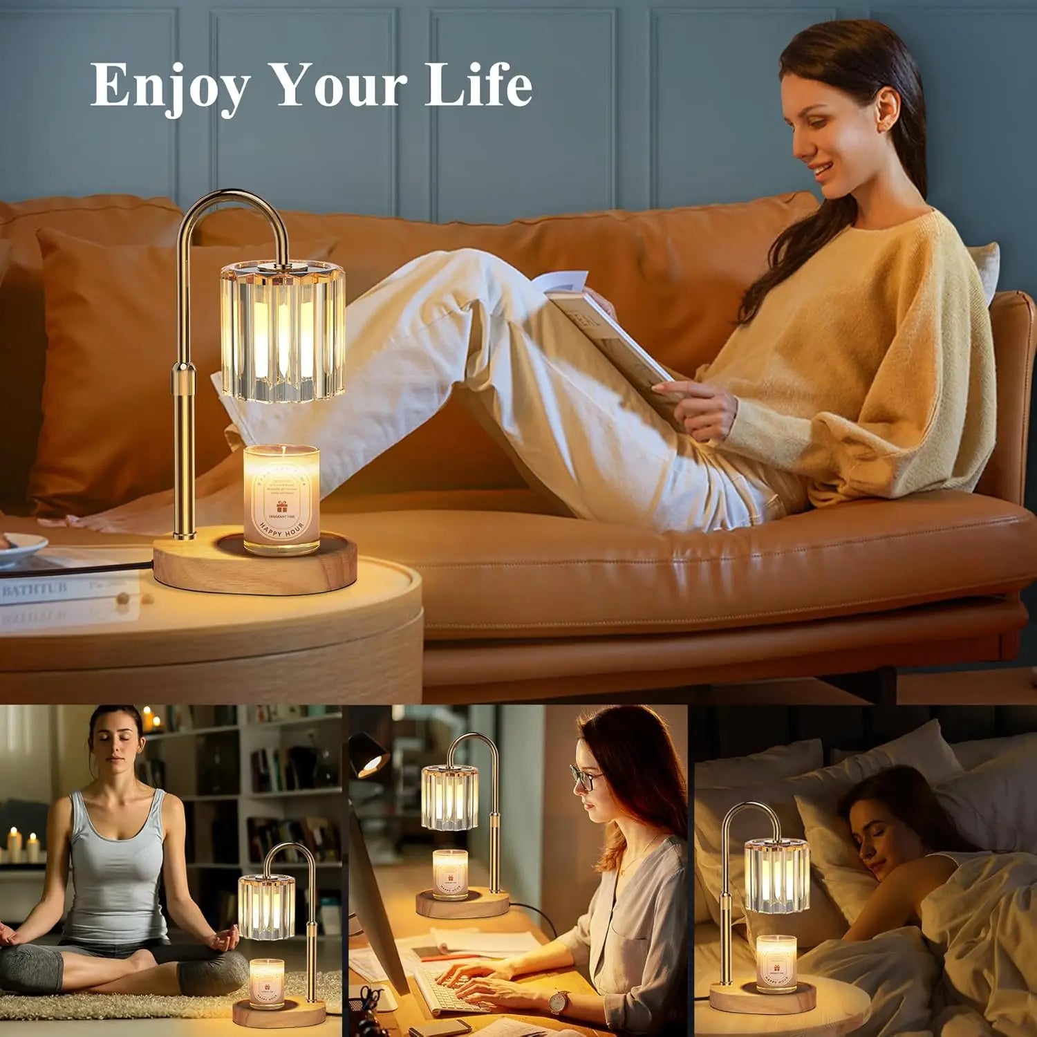 Crystal table lamp with candle warmer used for reading, relaxation, and sleep at home