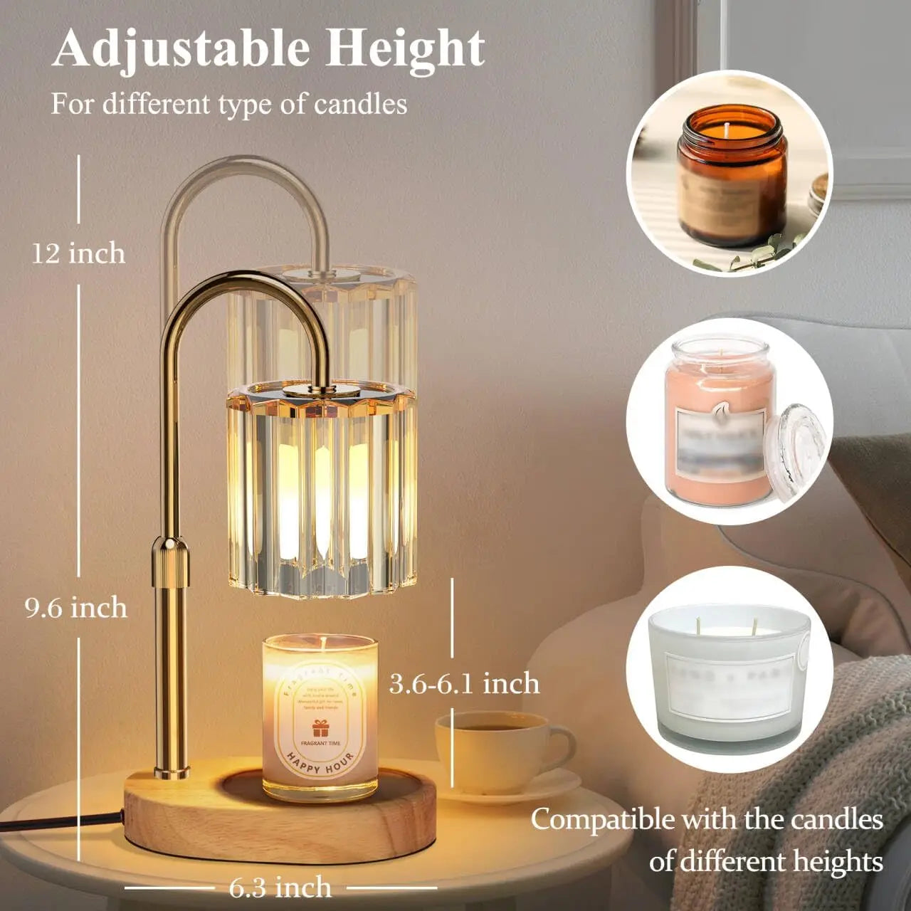 Adjustable crystal lamp warming a candle on a bedside table, compatible with various jar candles.