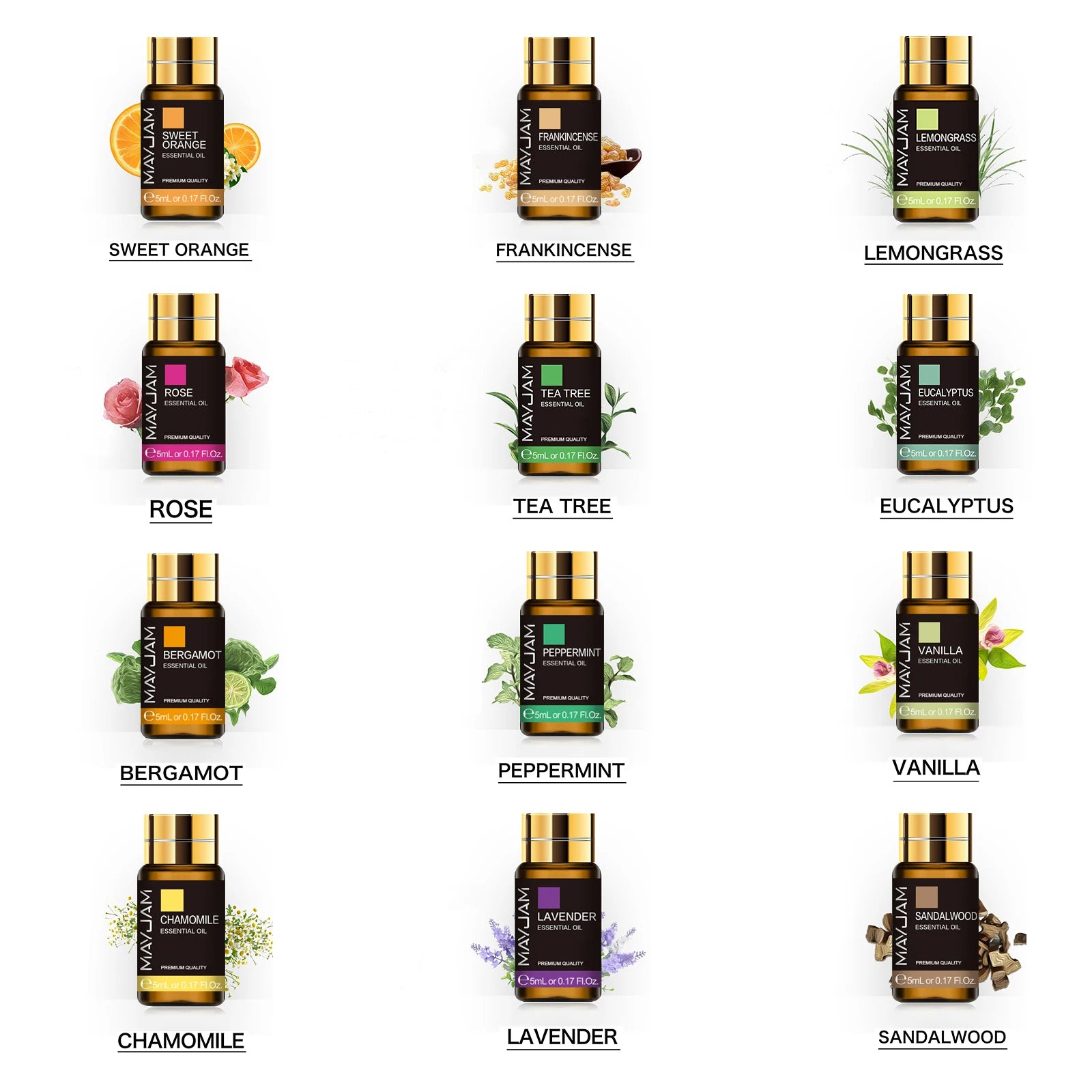 Essential oil bottles variety, including sweet orange, lavender, tea tree, and peppermint.