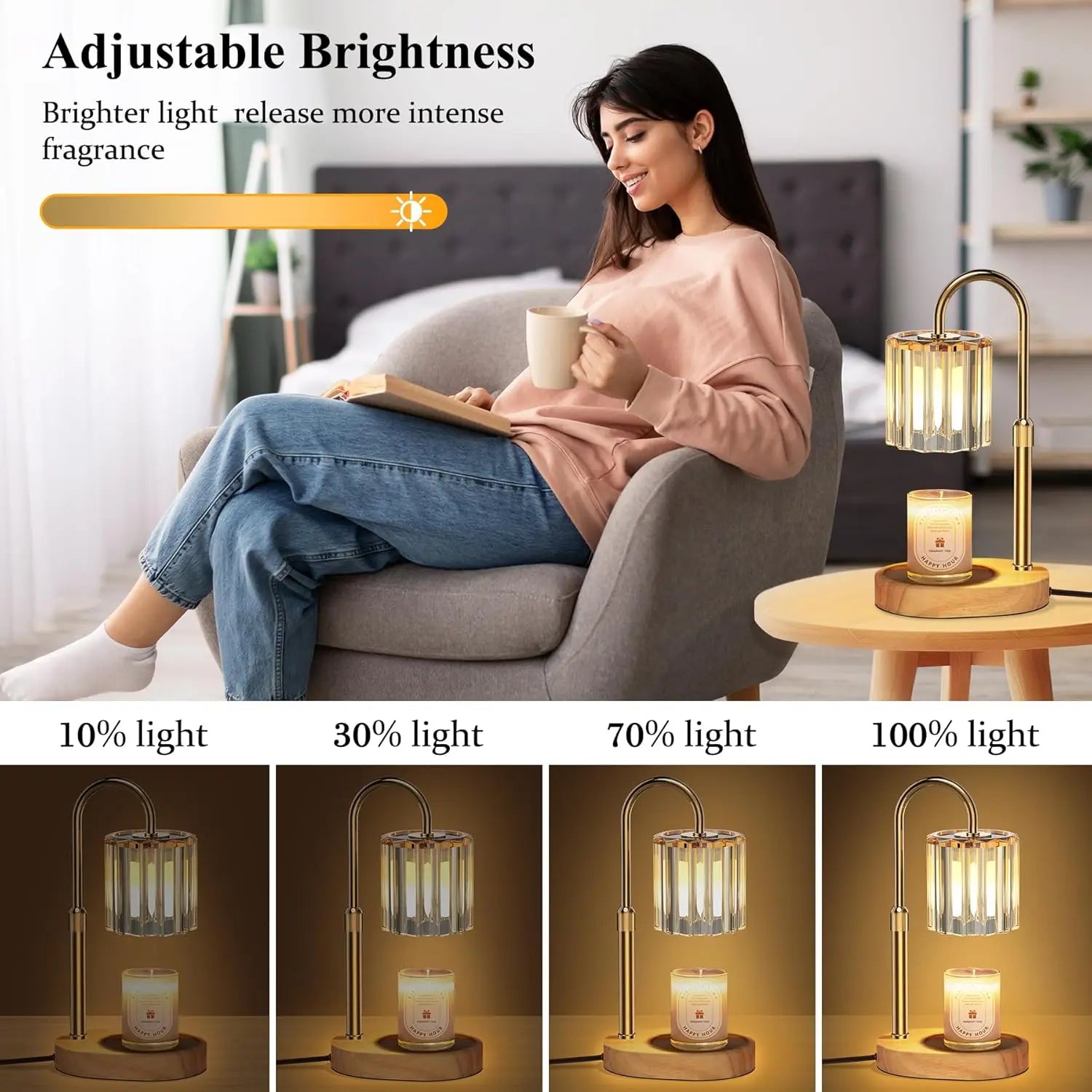 Woman relaxing with coffee and book near a gold crystal candle warmer lamp with adjustable brightness and a lit candle, shown at different light levels for home ambience.