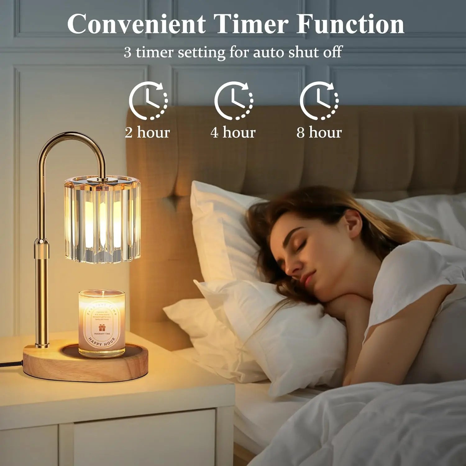 Bedside lamp with timer settings and candle warmer on nightstand next to sleeping woman