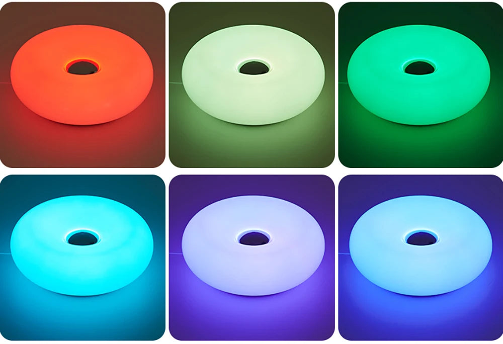 Round LED mood lights in various colors including red, green, blue, and purple