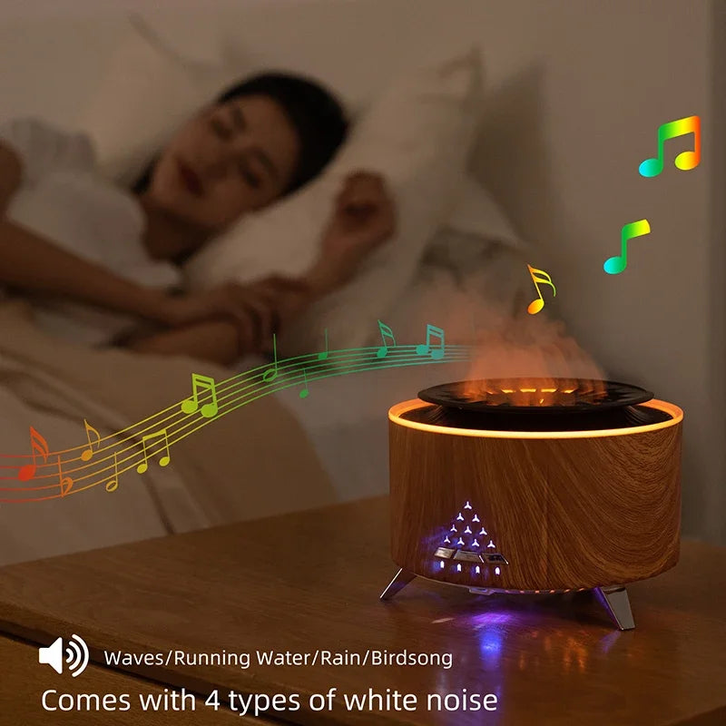 Wood grain aroma diffuser with LED light and music notes on bedside table in cozy bedroom