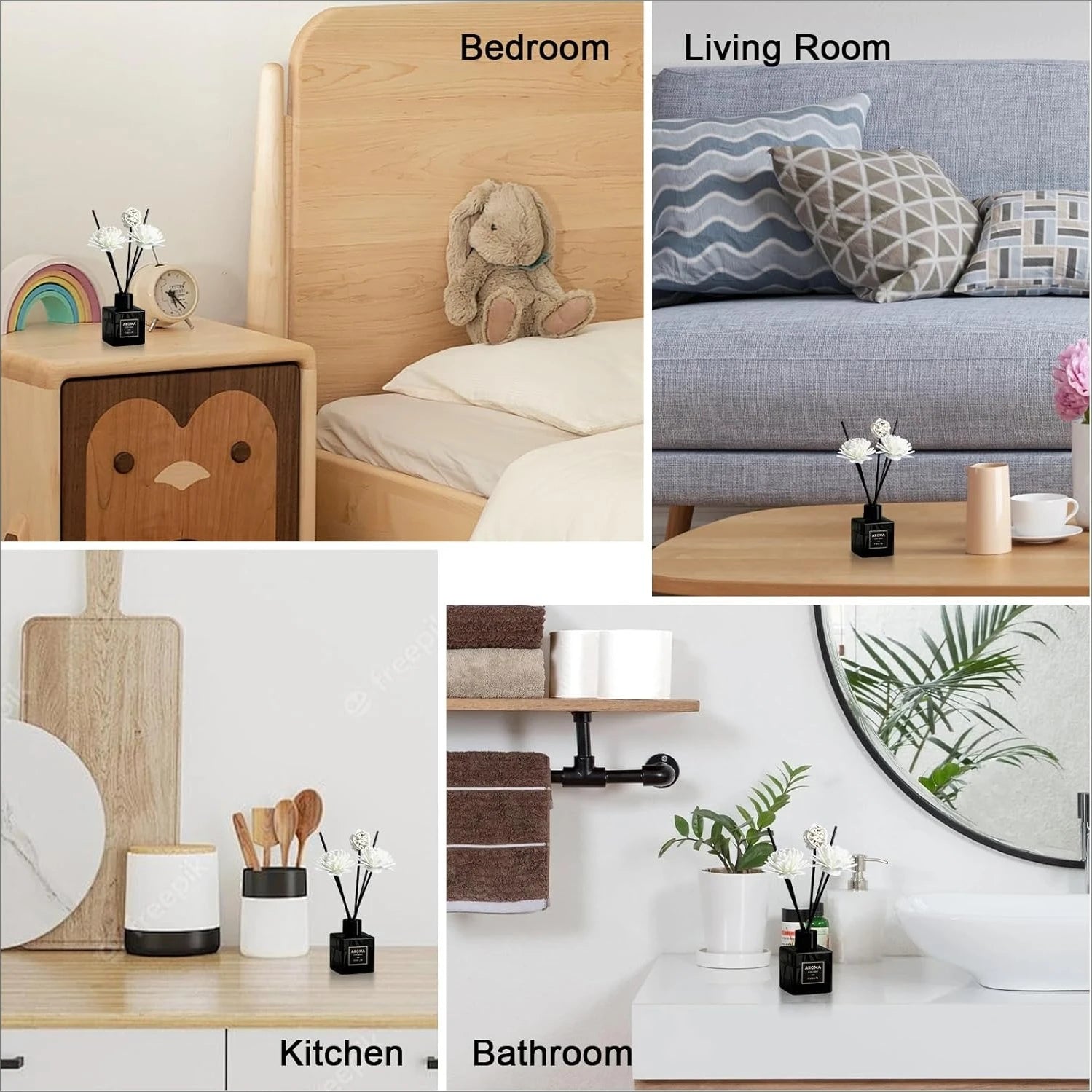 Reed diffuser with white flowers displayed in bedroom, living room, kitchen, and bathroom settings