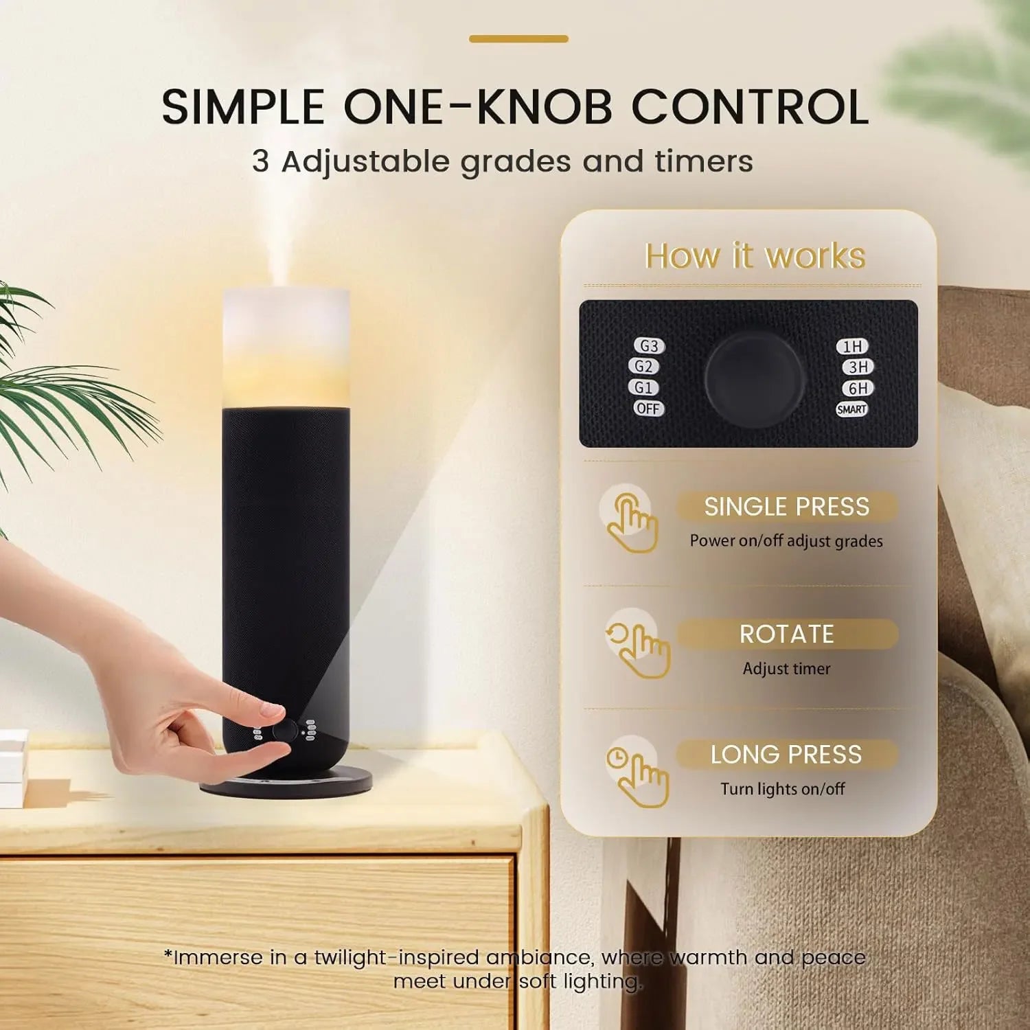 Hand adjusting modern black and white aroma diffuser with simple one-knob control on a bedside table.