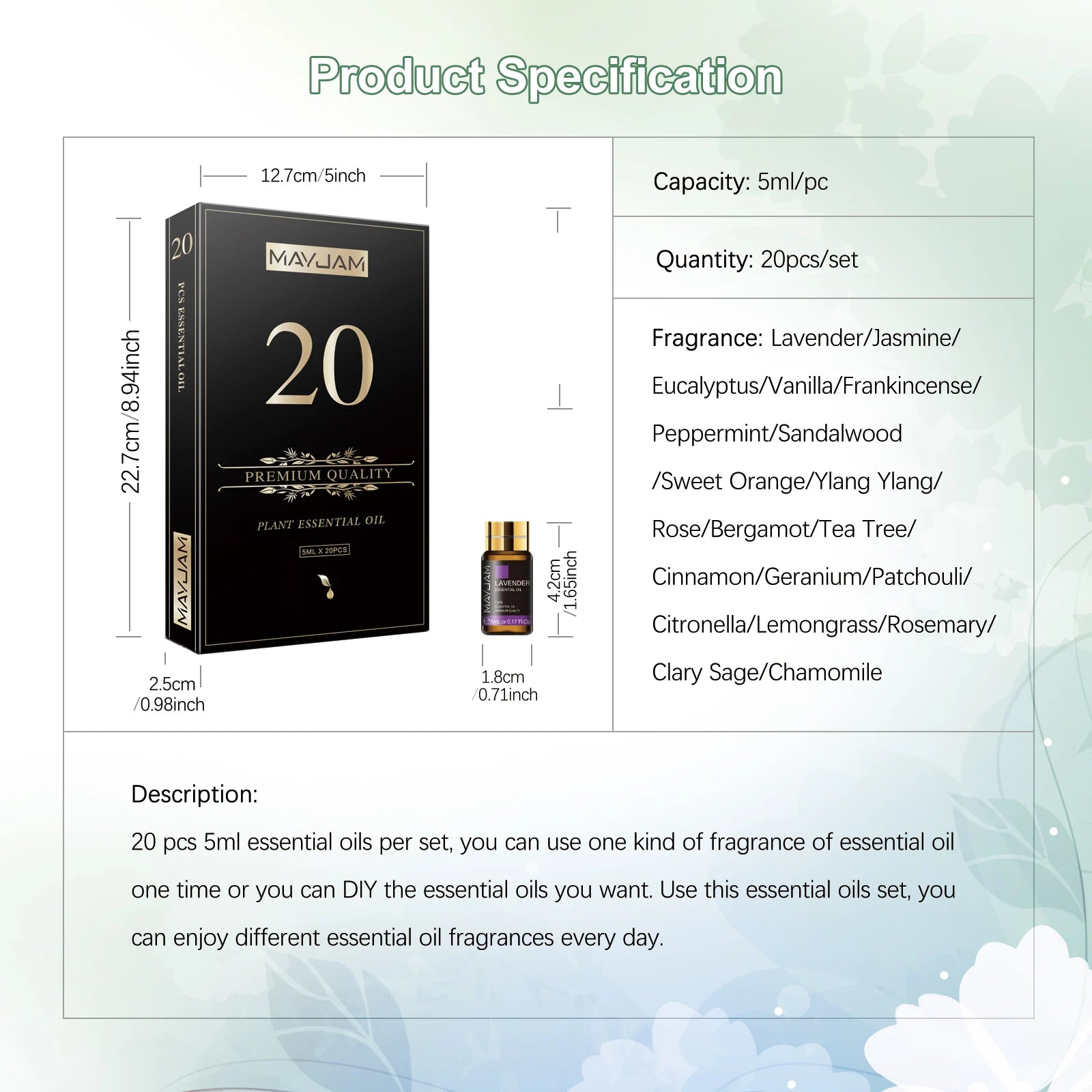 20-piece essential oil set with premium quality packaging, bottle sizes, and fragrance list