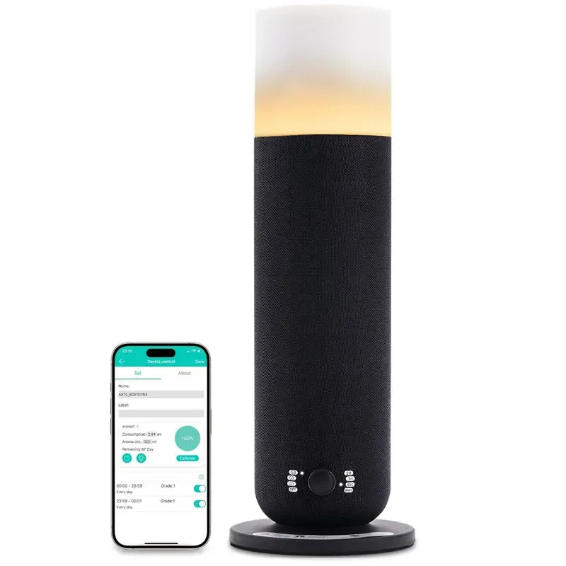 Smart black cylindrical lamp with warm LED light, shown next to a mobile phone app for control.