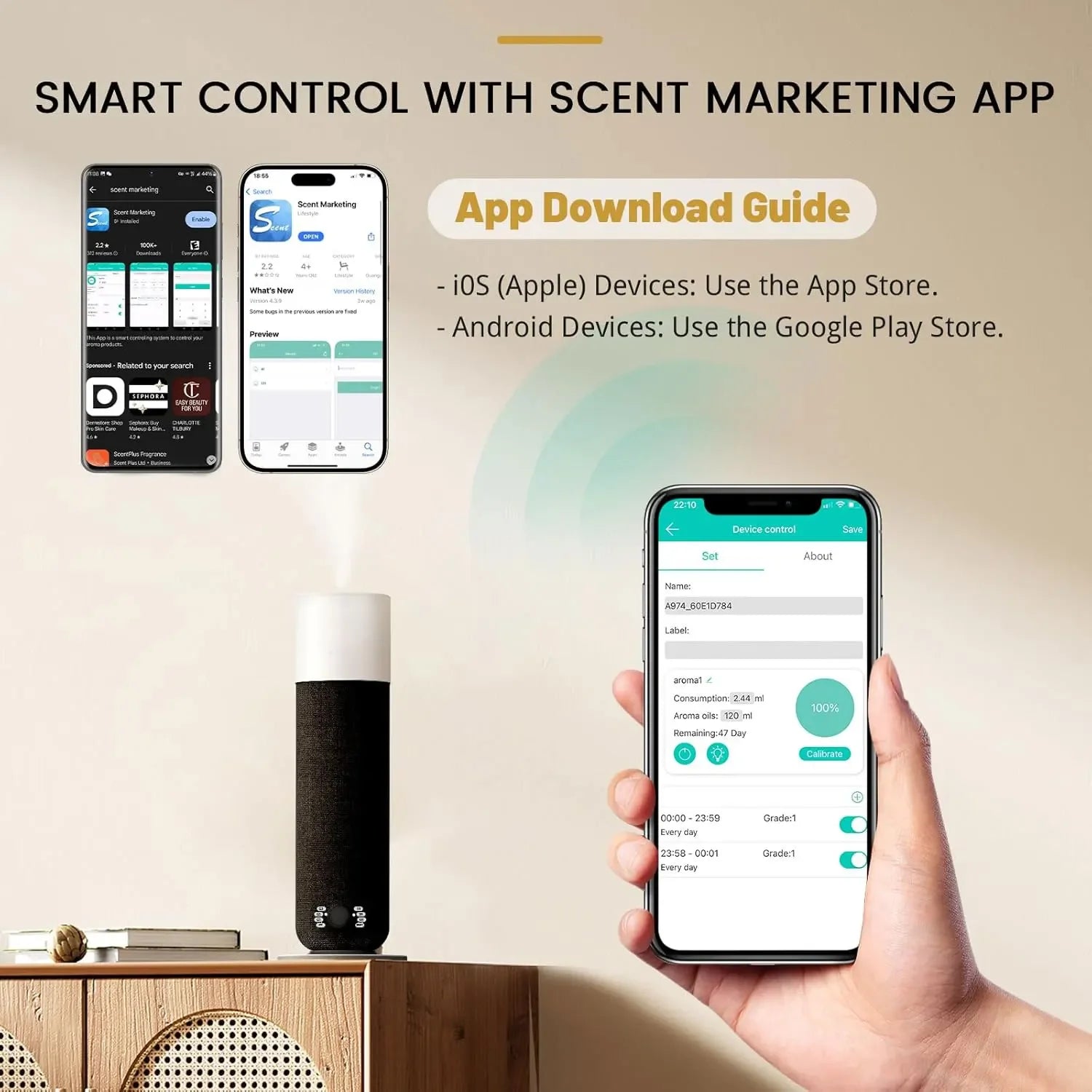 Scent diffuser controlled by smartphone app with setup guide for iOS and Android devices