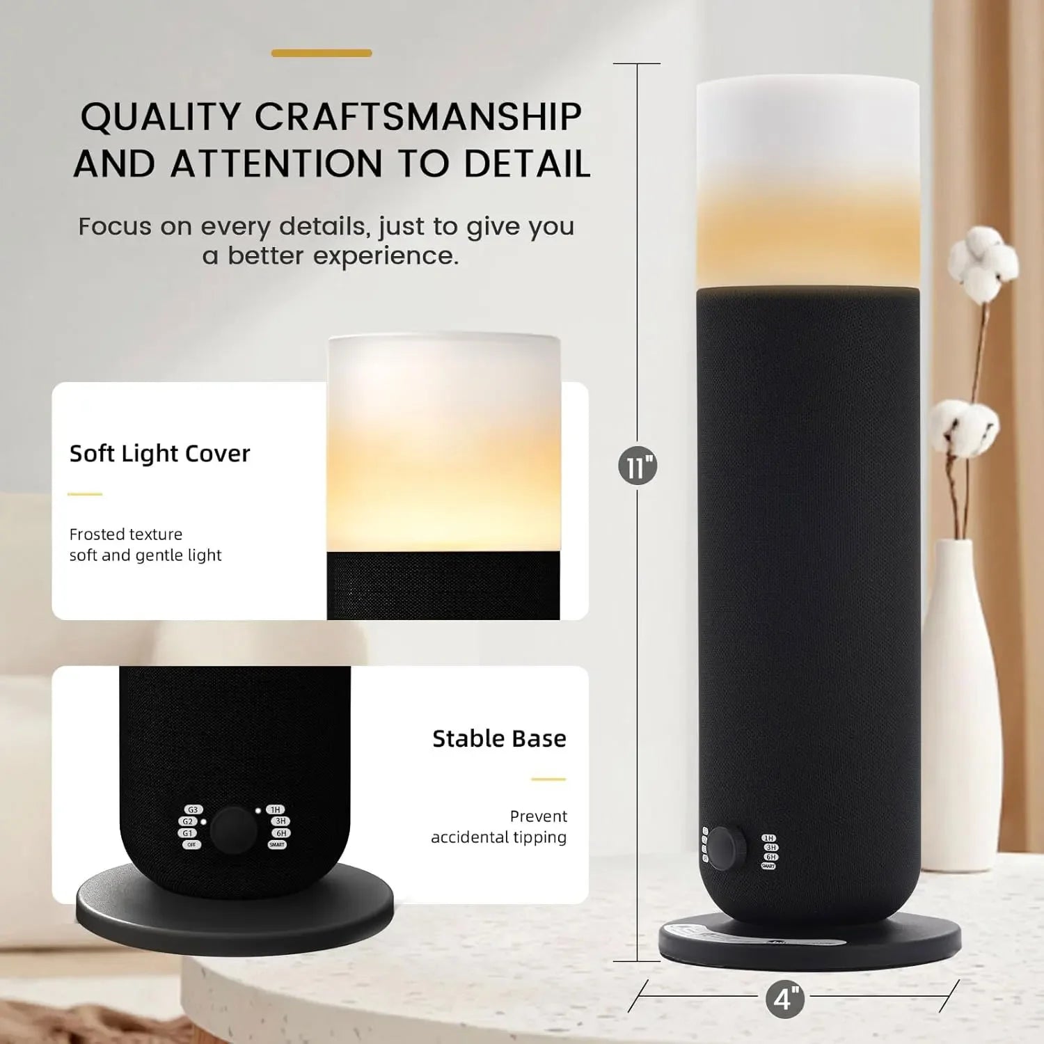 Modern black and white table lamp with soft light cover and stable base, 11 inches tall