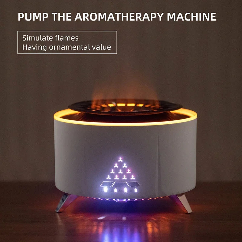 Modern aromatherapy diffuser with simulated flame effect and LED lights on wooden table