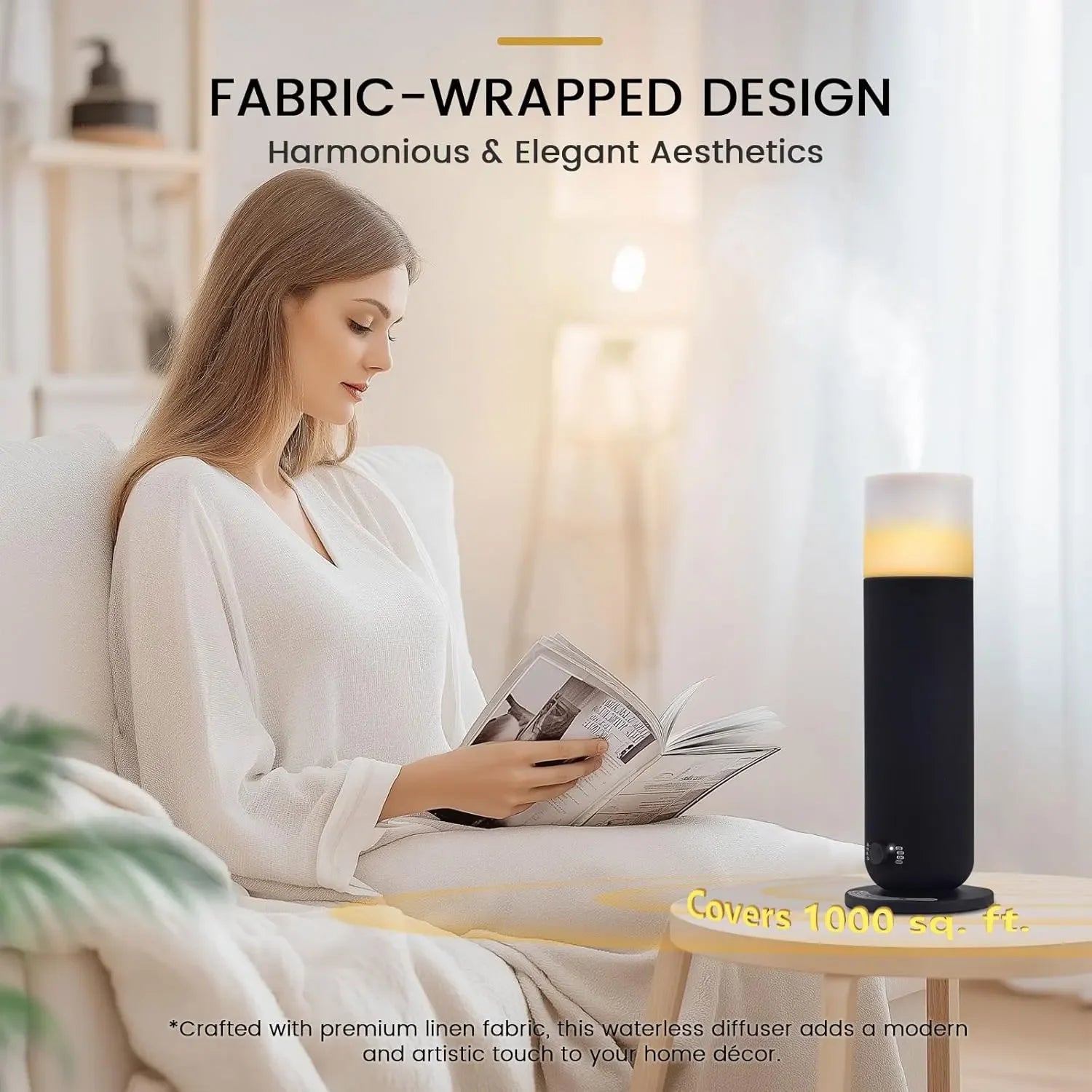 Woman reading on sofa beside modern fabric-wrapped waterless diffuser emitting mist in cozy living room