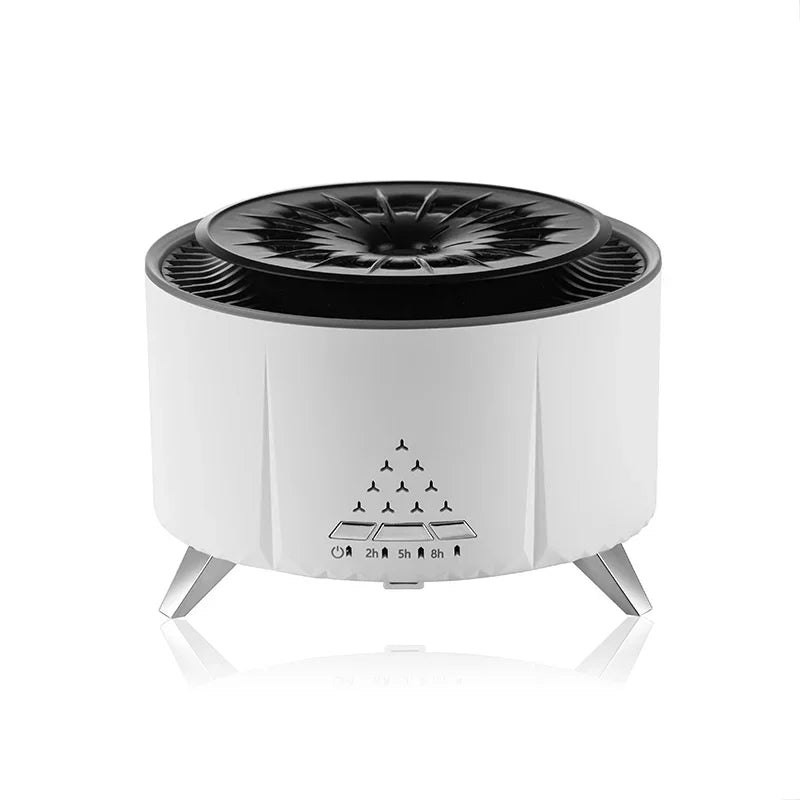 Modern white tabletop air purifier with black fan, timer controls, and metal legs
