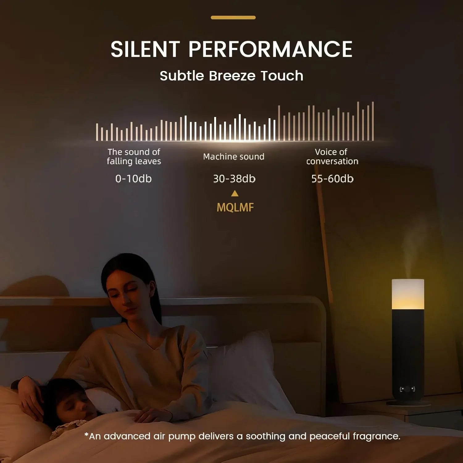 Modern aromatherapy diffuser emitting mist on nightstand beside woman and child in cozy bedroom