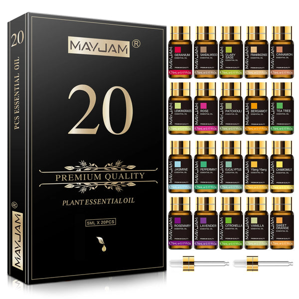Set of 20 plant essential oils in labeled bottles with black and gold gift box and droppers