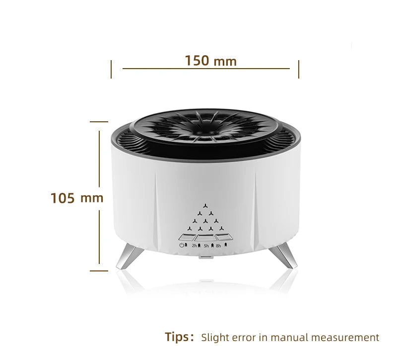 Compact white tabletop air purifier with timer settings, 150mm wide and 105mm tall.