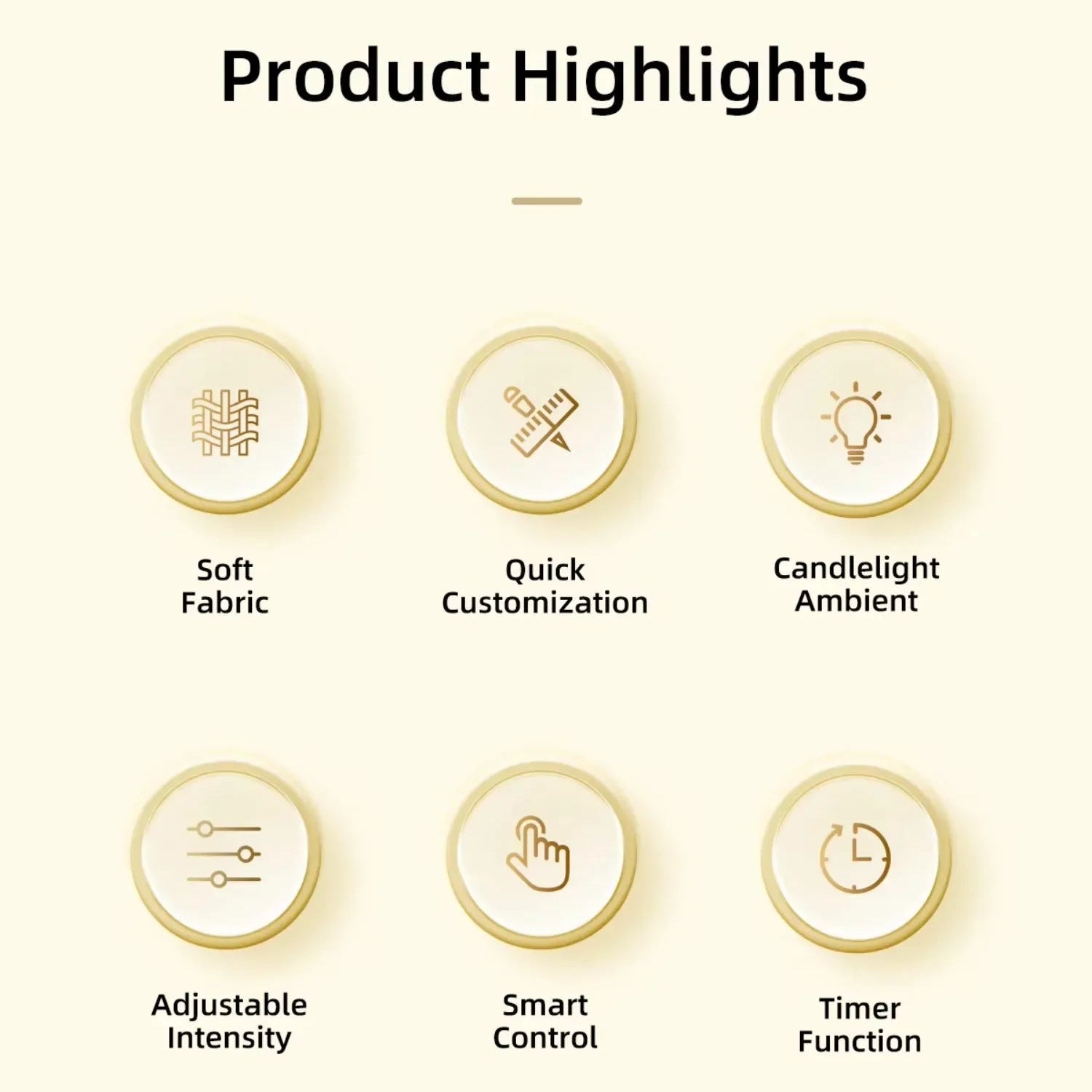 Product highlights icons showing soft fabric, quick customization, candlelight ambient, adjustable intensity, smart control, and timer function.
