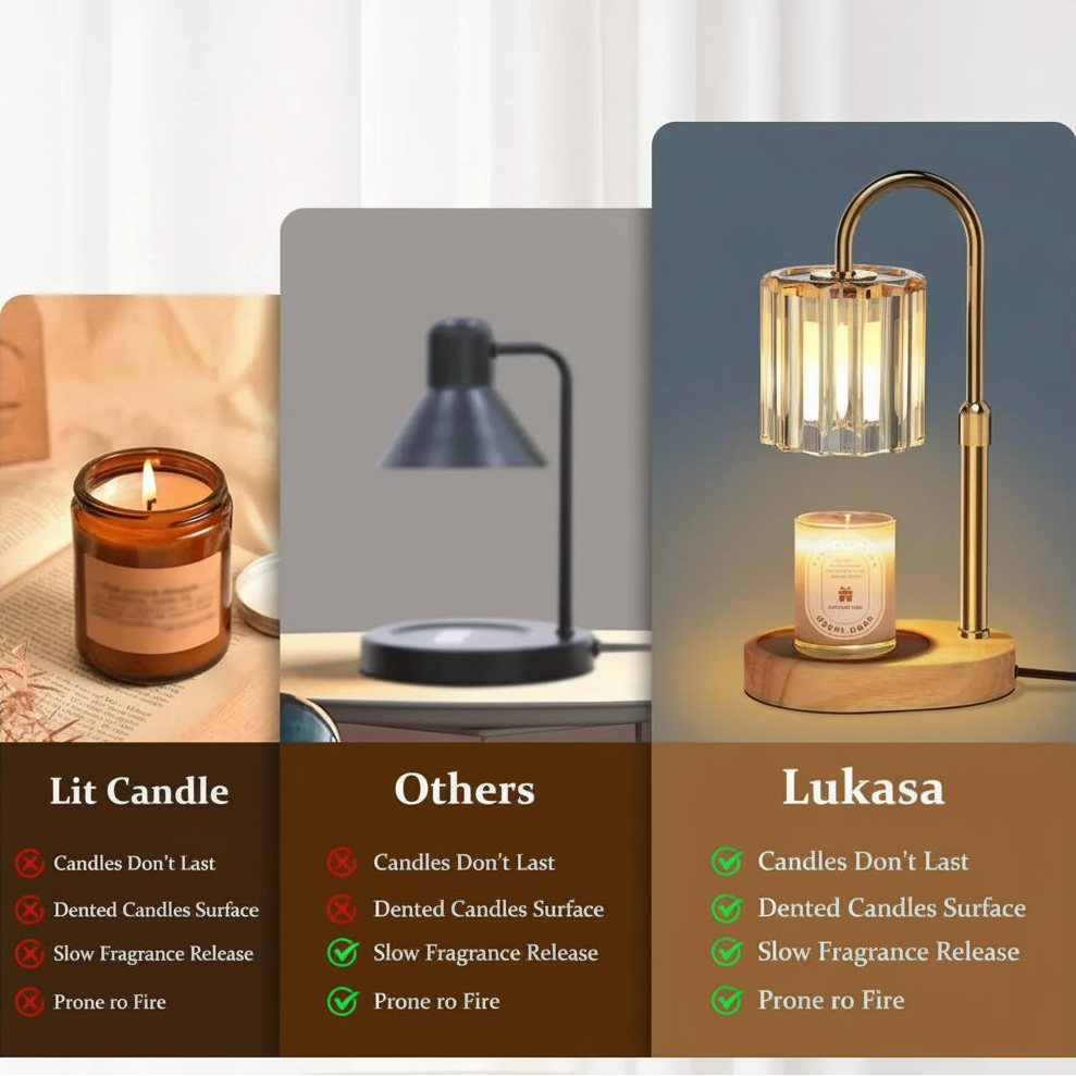 Comparison of lit candle, standard lamp, and crystal lamp candle warmer, highlighting benefits of candle warmer for home ambiance and fragrance.
