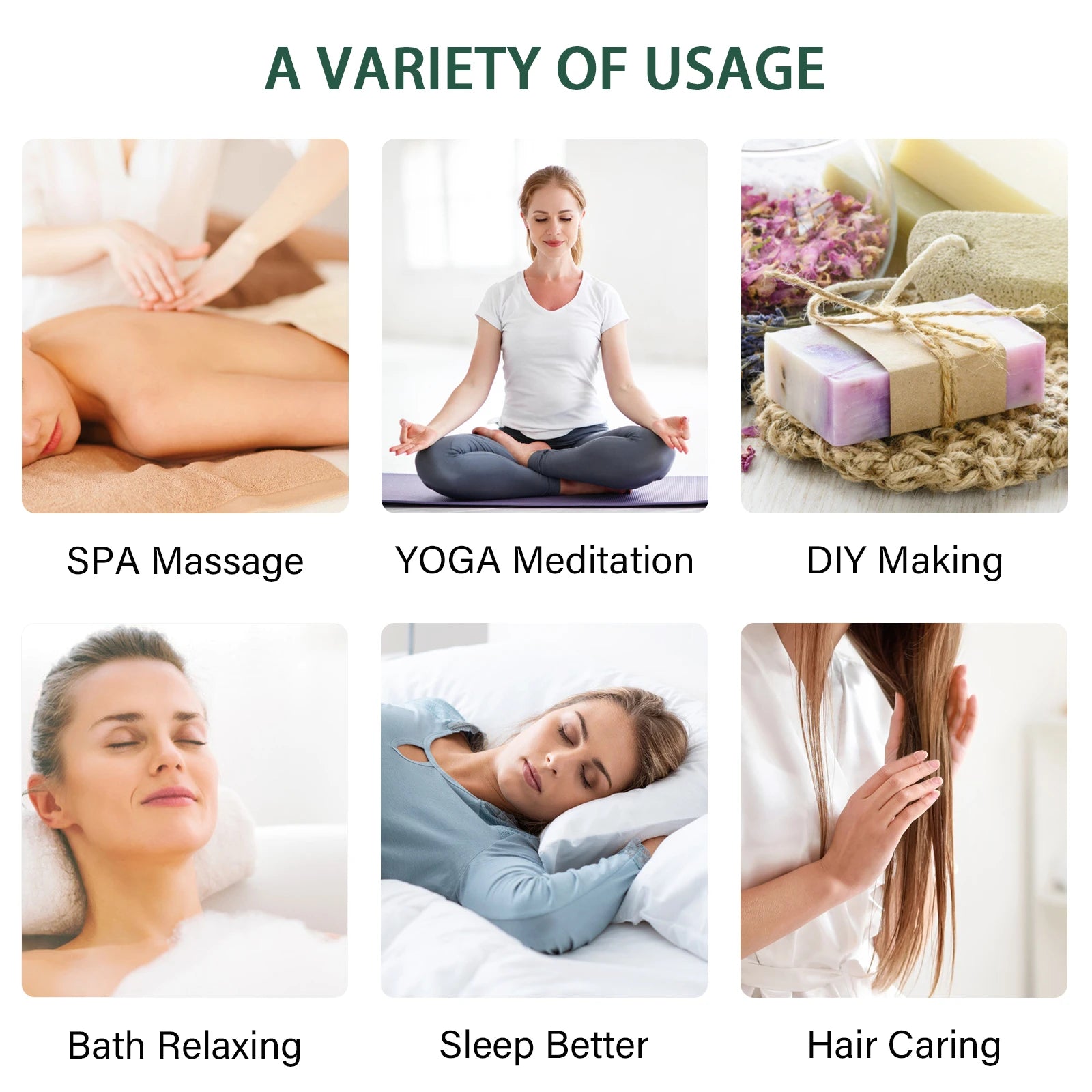Collage showing spa massage, yoga meditation, DIY soap, bath relaxation, sleep, and hair care uses.