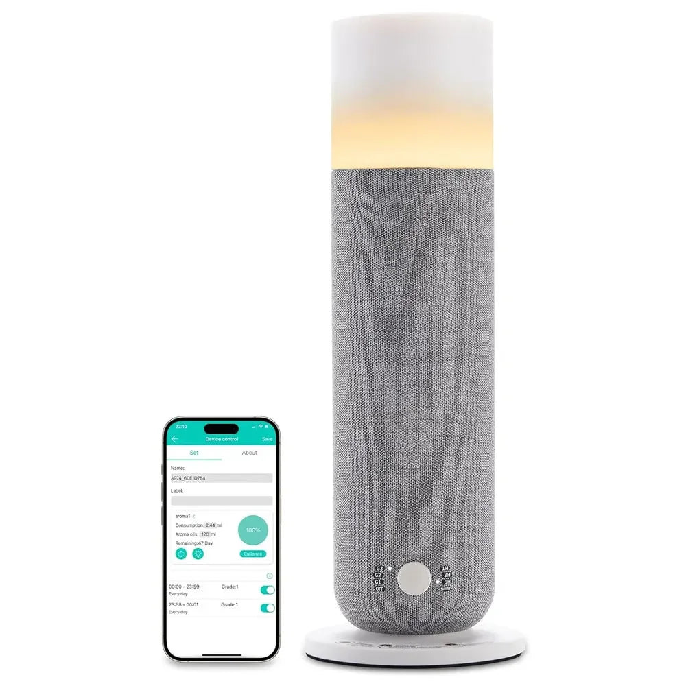 Smart bedside lamp with soft light and fabric cover, controlled by a mobile app