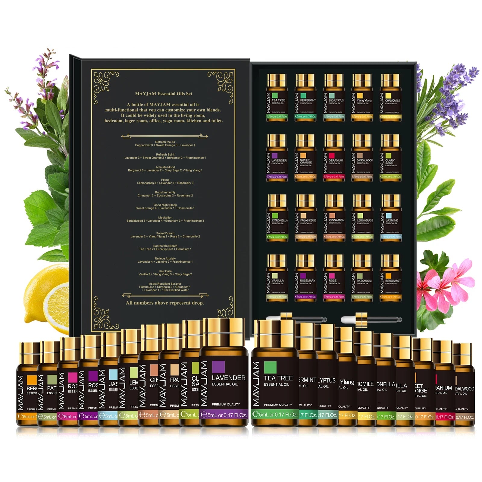 Essential oils gift set with 20 bottles, floral plant accents, aromatherapy collection