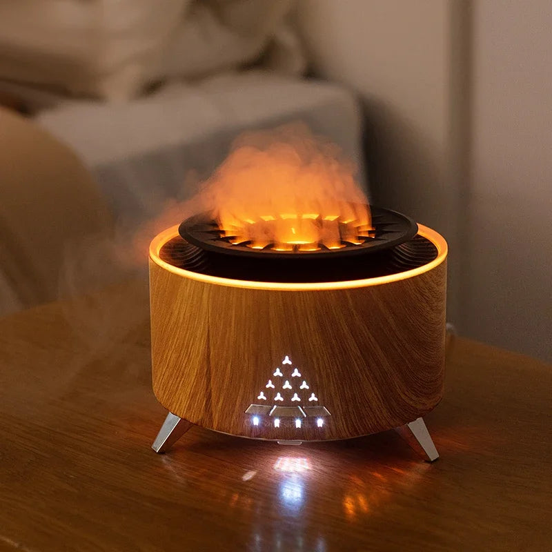 Modern wood grain essential oil diffuser with LED lights emitting aromatic mist on a bedside table