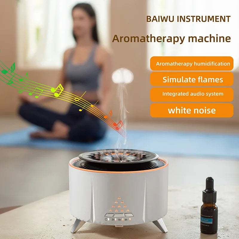 Aromatherapy diffuser with simulated flame, audio, and essential oil bottle in a calm yoga setting