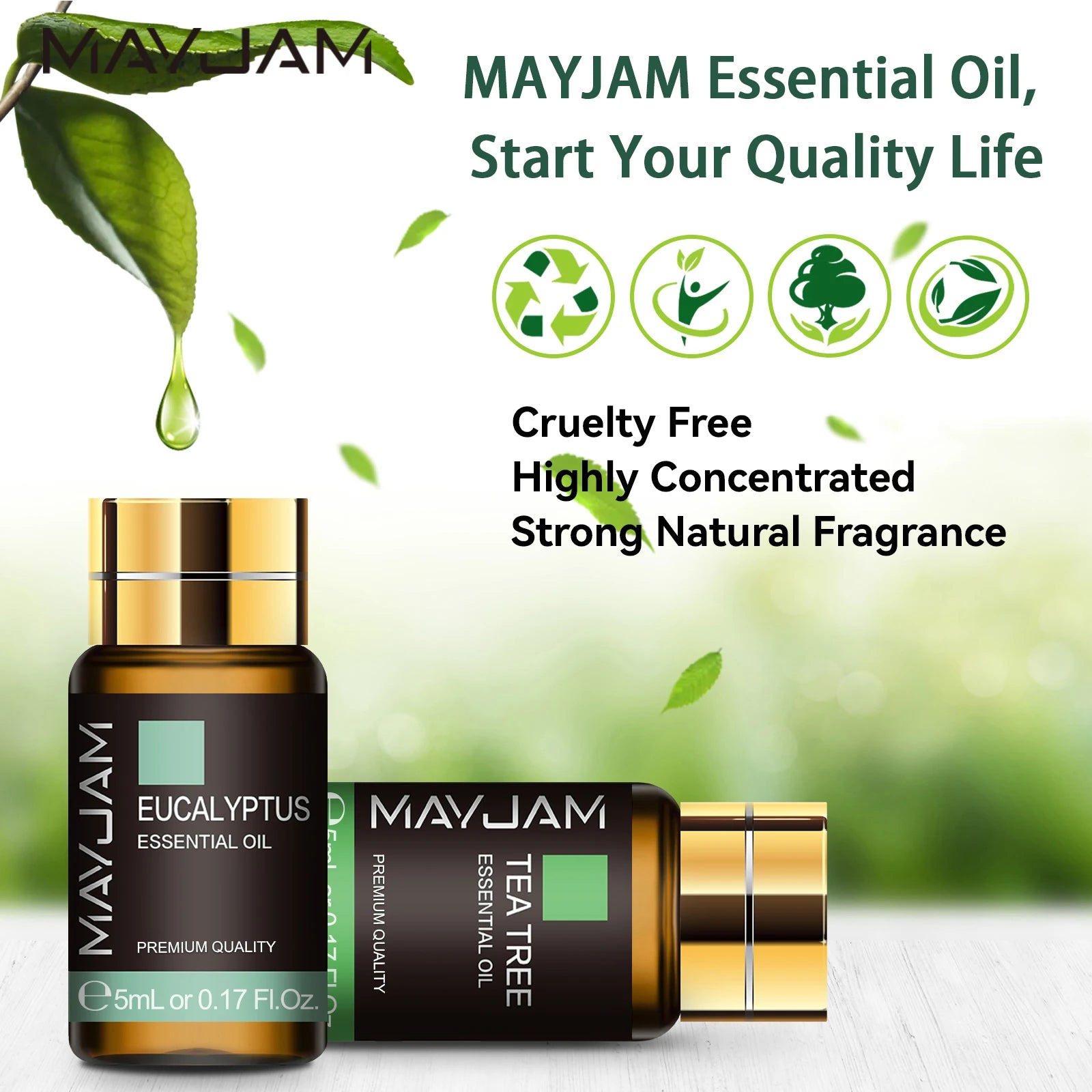 Eucalyptus and tea tree essential oil bottles with natural leaf and claims of cruelty free, highly concentrated, strong natural fragrance.