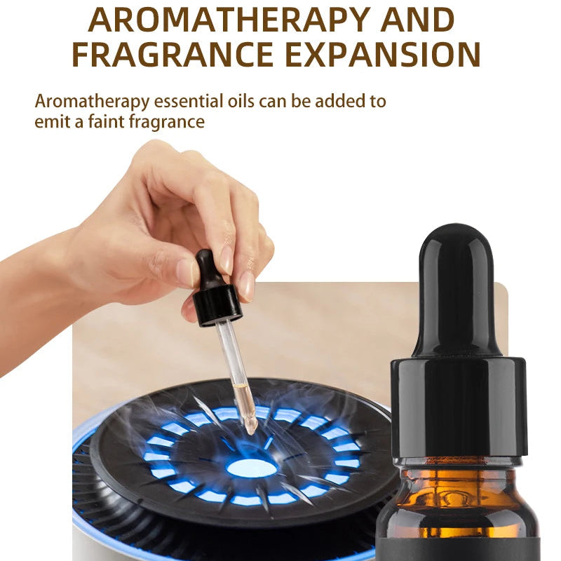 Hand adding aromatherapy essential oil into diffuser with glowing blue lights for home fragrance.